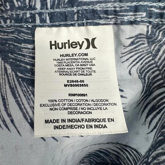 HURLEY Men's WHITE & BLUE Tropical Palms Short Sleeve Patio Shirt LARGE Hawaiian - Picture 7 of 11